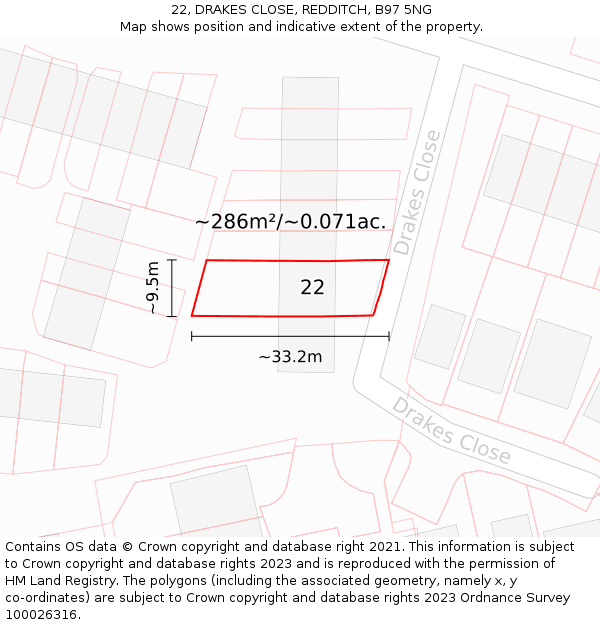 22, DRAKES CLOSE, REDDITCH, B97 5NG: Plot and title map