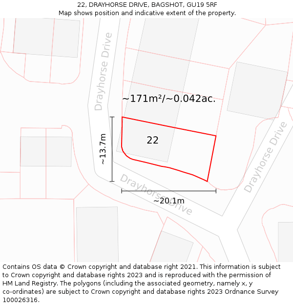 22, DRAYHORSE DRIVE, BAGSHOT, GU19 5RF: Plot and title map