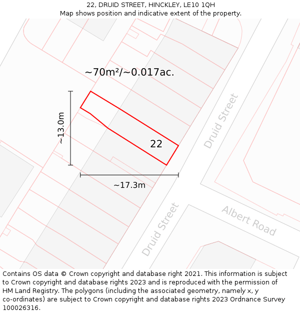 22, DRUID STREET, HINCKLEY, LE10 1QH: Plot and title map