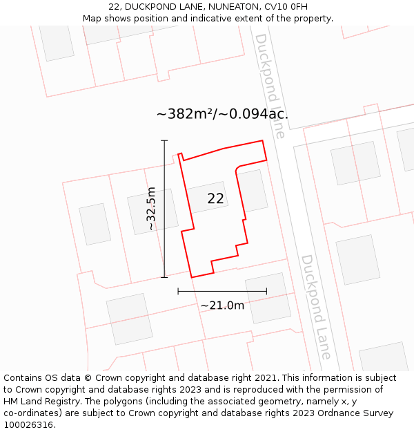 22, DUCKPOND LANE, NUNEATON, CV10 0FH: Plot and title map