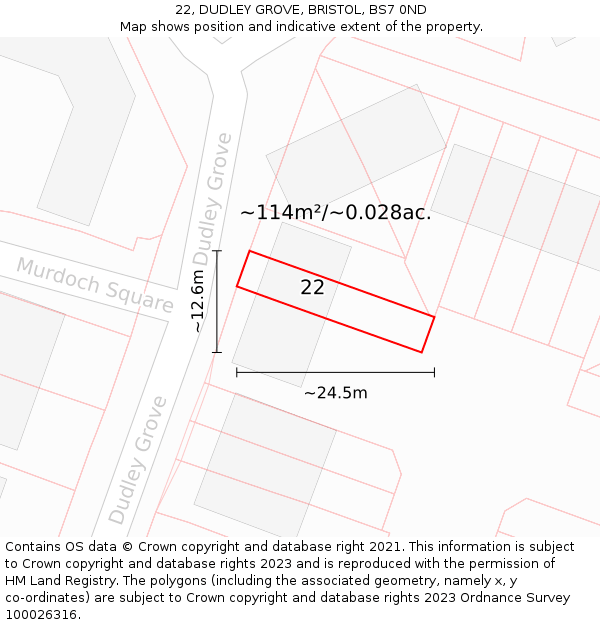 22, DUDLEY GROVE, BRISTOL, BS7 0ND: Plot and title map