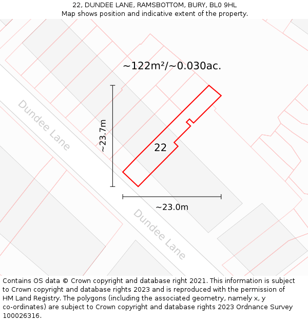 22, DUNDEE LANE, RAMSBOTTOM, BURY, BL0 9HL: Plot and title map