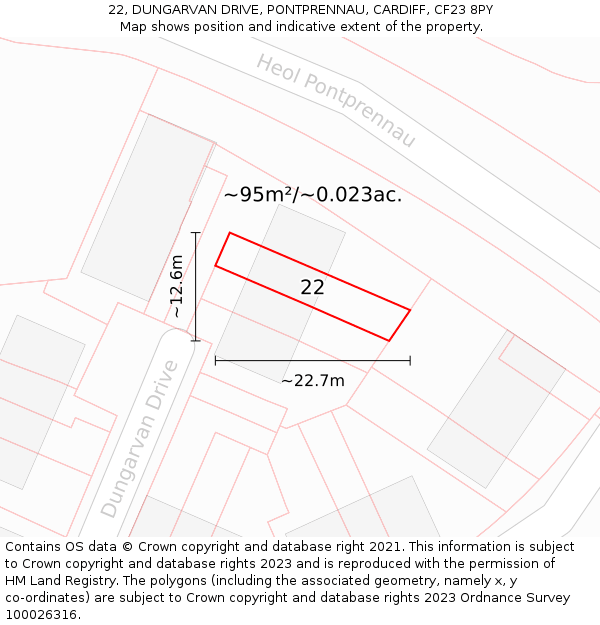 22, DUNGARVAN DRIVE, PONTPRENNAU, CARDIFF, CF23 8PY: Plot and title map