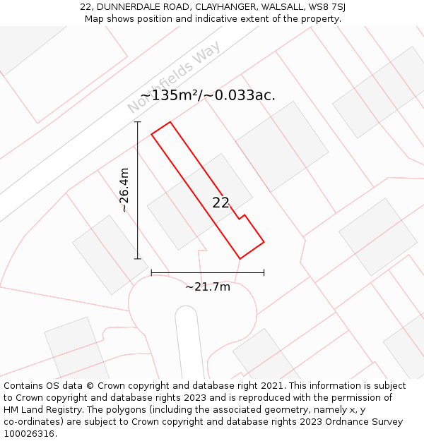 22, DUNNERDALE ROAD, CLAYHANGER, WALSALL, WS8 7SJ: Plot and title map
