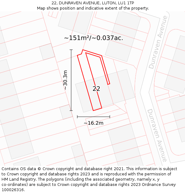 22, DUNRAVEN AVENUE, LUTON, LU1 1TP: Plot and title map