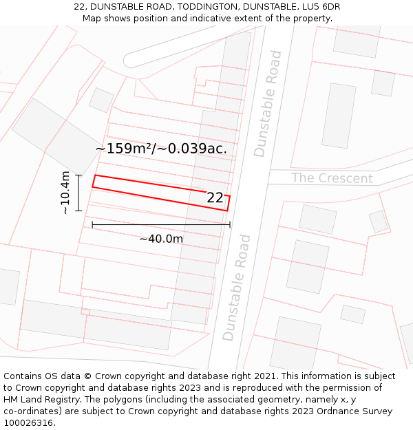 22, DUNSTABLE ROAD, TODDINGTON, DUNSTABLE, LU5 6DR: Plot and title map
