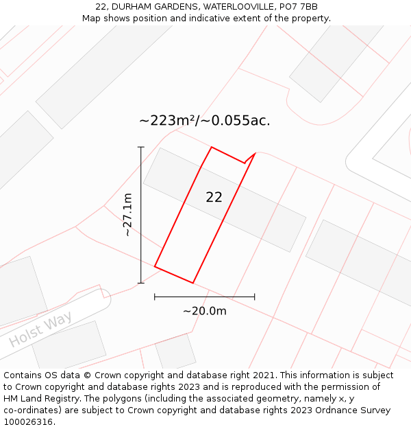 22, DURHAM GARDENS, WATERLOOVILLE, PO7 7BB: Plot and title map