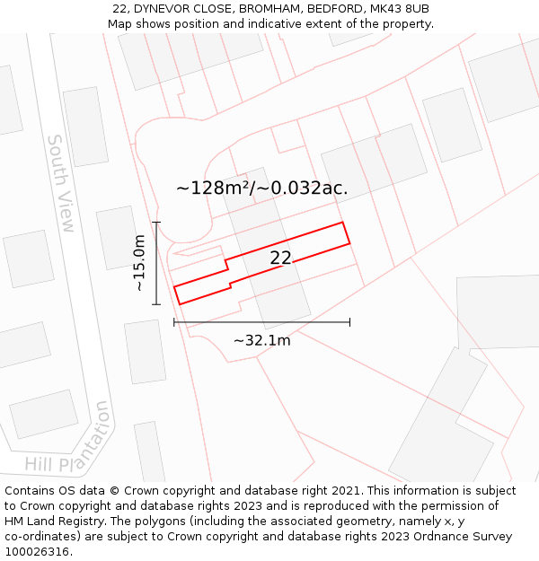 22, DYNEVOR CLOSE, BROMHAM, BEDFORD, MK43 8UB: Plot and title map