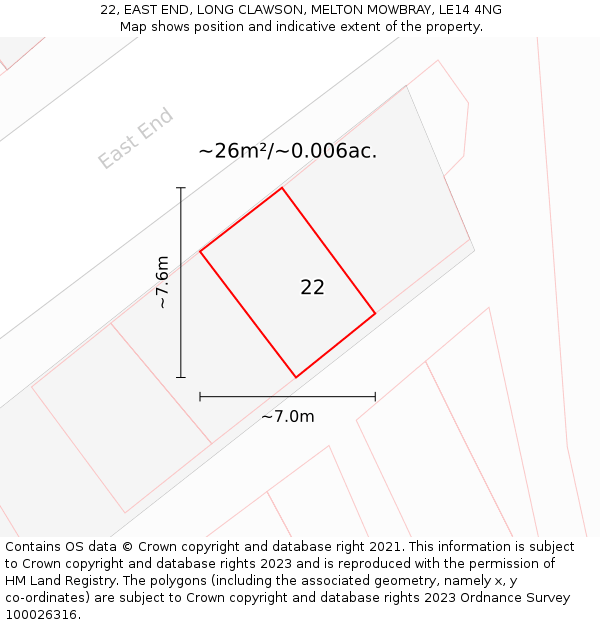 22, EAST END, LONG CLAWSON, MELTON MOWBRAY, LE14 4NG: Plot and title map