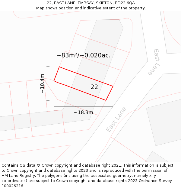 22, EAST LANE, EMBSAY, SKIPTON, BD23 6QA: Plot and title map