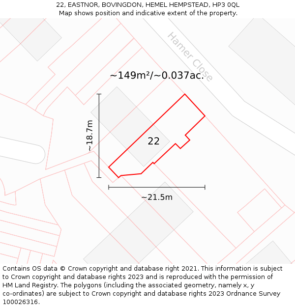 22, EASTNOR, BOVINGDON, HEMEL HEMPSTEAD, HP3 0QL: Plot and title map