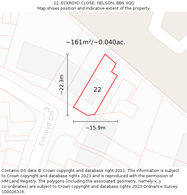22, ECKROYD CLOSE, NELSON, BB9 0QG: Plot and title map