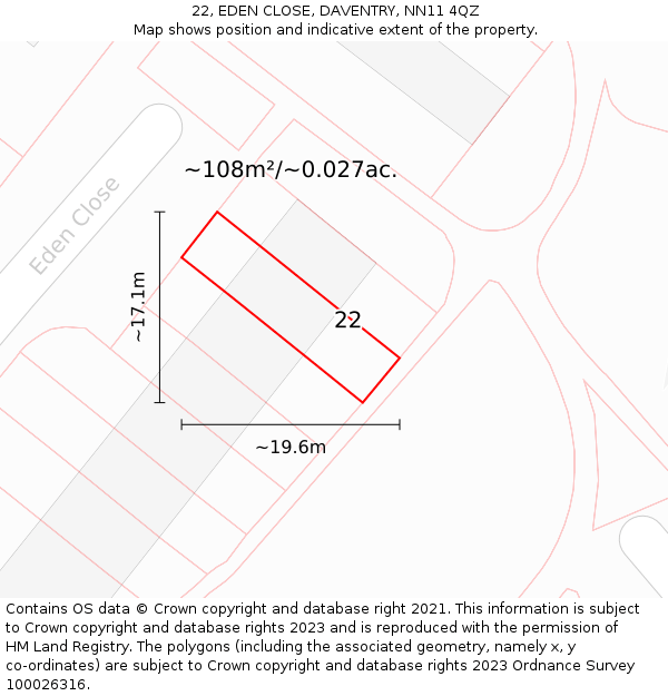 22, EDEN CLOSE, DAVENTRY, NN11 4QZ: Plot and title map