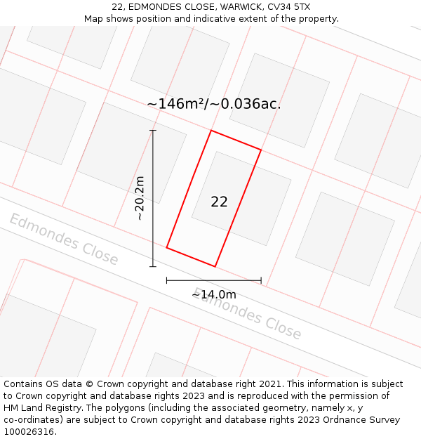 22, EDMONDES CLOSE, WARWICK, CV34 5TX: Plot and title map