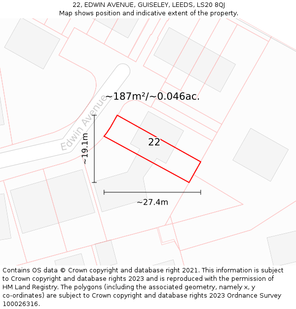 22, EDWIN AVENUE, GUISELEY, LEEDS, LS20 8QJ: Plot and title map