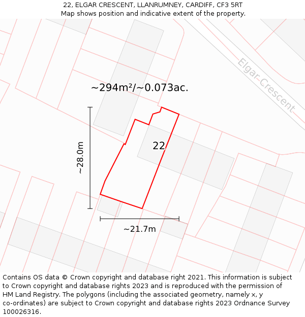 22, ELGAR CRESCENT, LLANRUMNEY, CARDIFF, CF3 5RT: Plot and title map