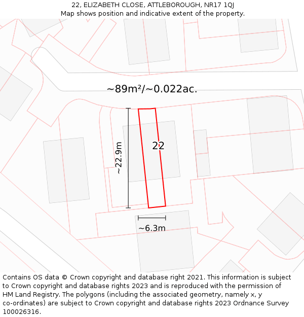 22, ELIZABETH CLOSE, ATTLEBOROUGH, NR17 1QJ: Plot and title map