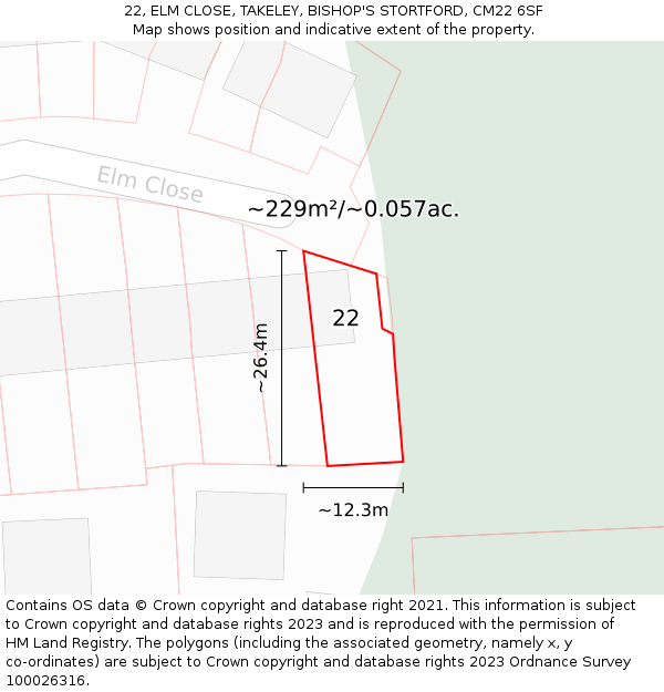 22, ELM CLOSE, TAKELEY, BISHOP'S STORTFORD, CM22 6SF: Plot and title map