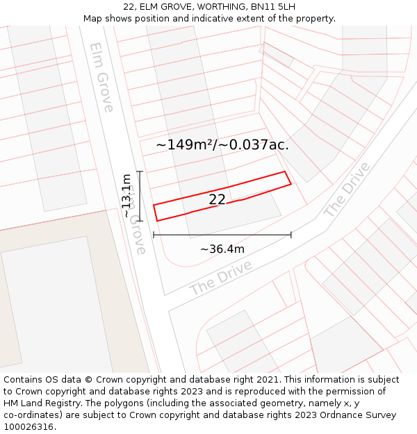 22, ELM GROVE, WORTHING, BN11 5LH: Plot and title map