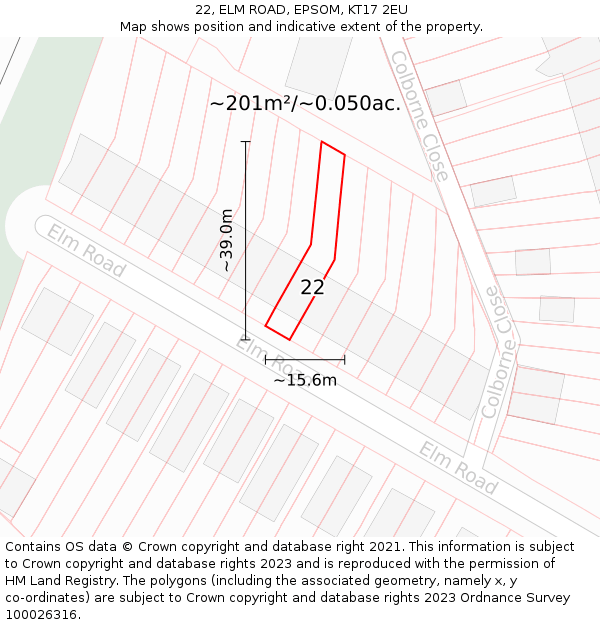 22, ELM ROAD, EPSOM, KT17 2EU: Plot and title map