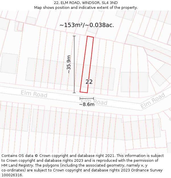 22, ELM ROAD, WINDSOR, SL4 3ND: Plot and title map