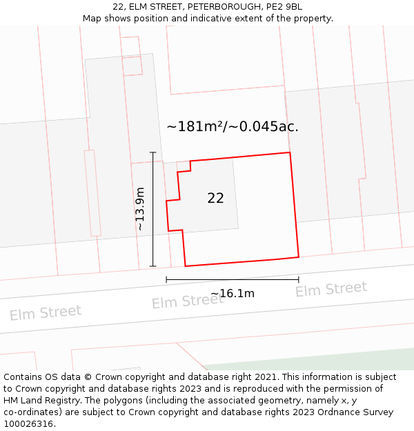 22, ELM STREET, PETERBOROUGH, PE2 9BL: Plot and title map