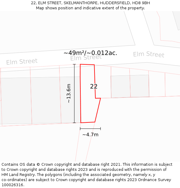 22, ELM STREET, SKELMANTHORPE, HUDDERSFIELD, HD8 9BH: Plot and title map
