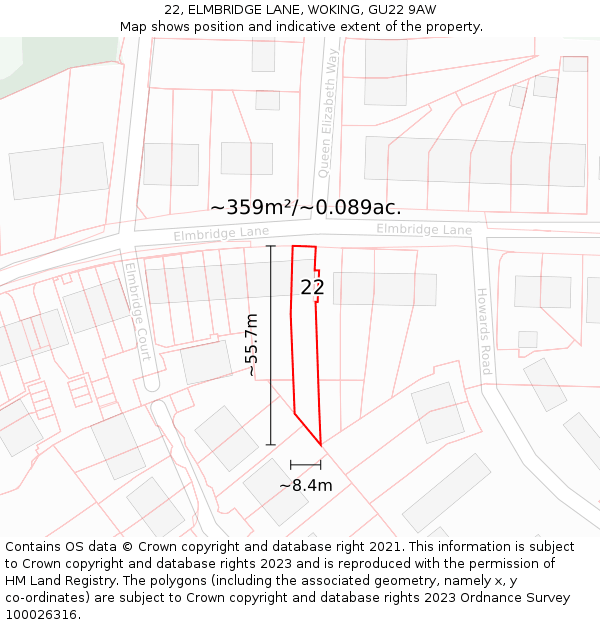 22, ELMBRIDGE LANE, WOKING, GU22 9AW: Plot and title map