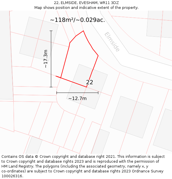 22, ELMSIDE, EVESHAM, WR11 3DZ: Plot and title map