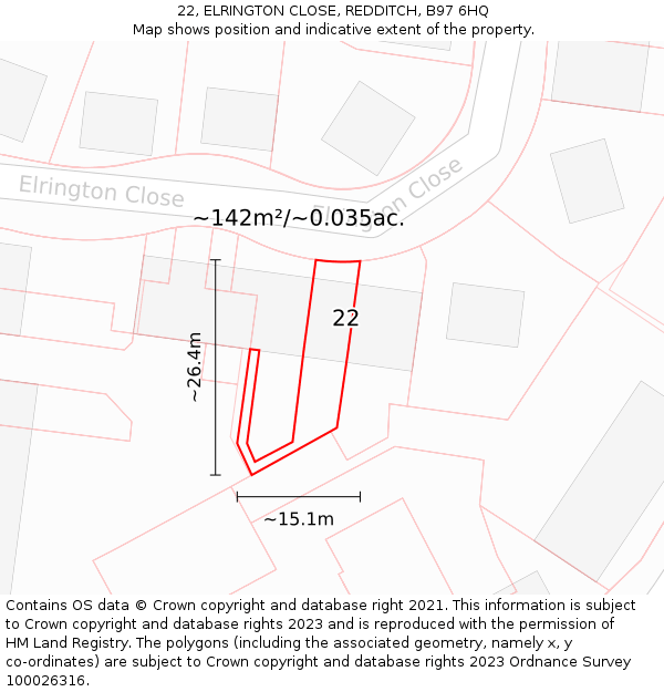 22, ELRINGTON CLOSE, REDDITCH, B97 6HQ: Plot and title map