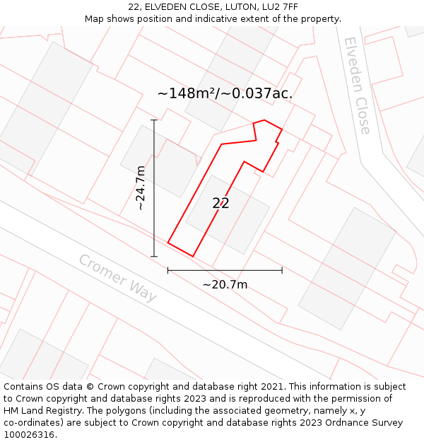 22, ELVEDEN CLOSE, LUTON, LU2 7FF: Plot and title map