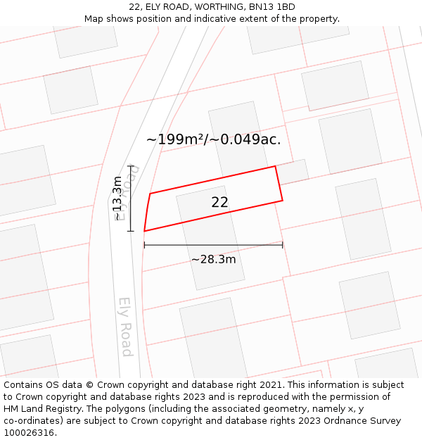 22, ELY ROAD, WORTHING, BN13 1BD: Plot and title map