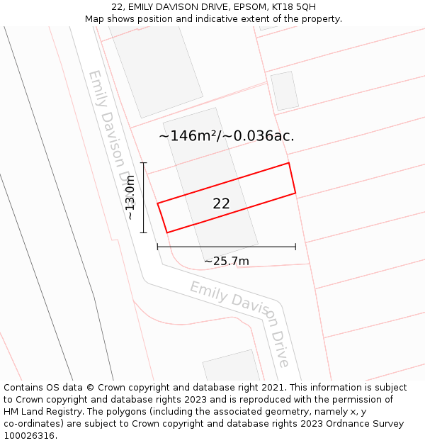 22, EMILY DAVISON DRIVE, EPSOM, KT18 5QH: Plot and title map