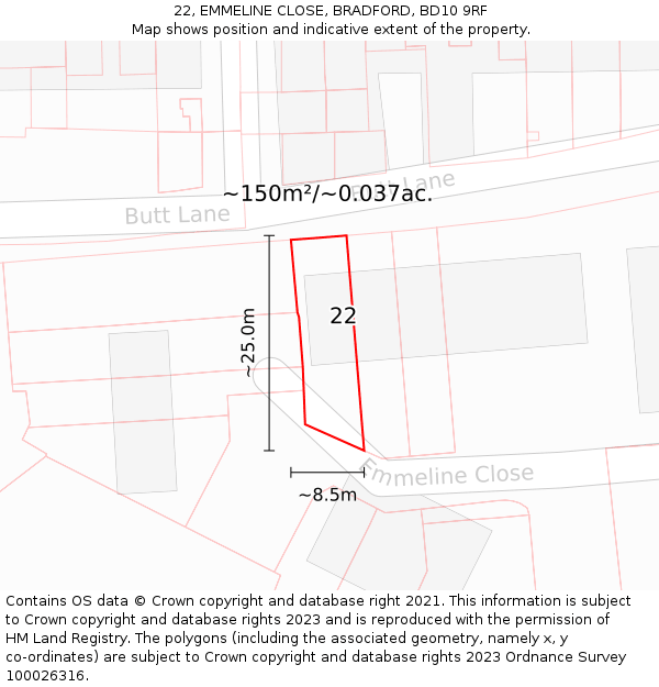 22, EMMELINE CLOSE, BRADFORD, BD10 9RF: Plot and title map