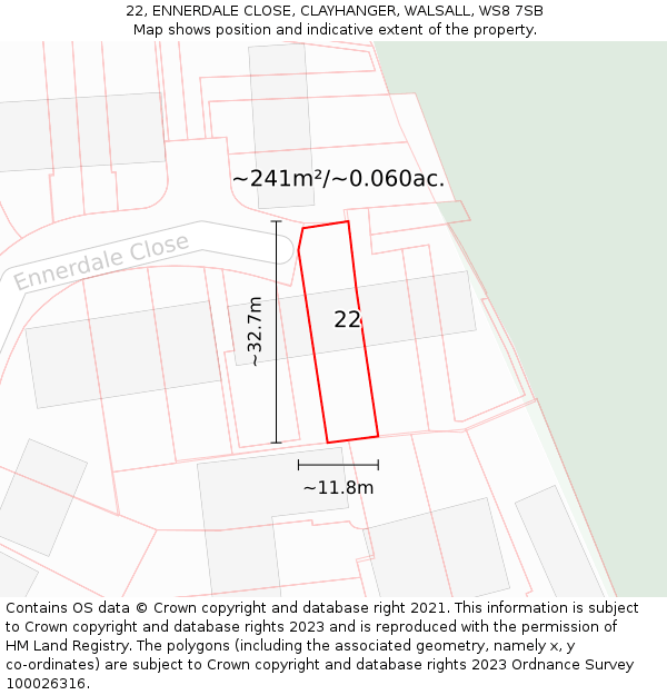 22, ENNERDALE CLOSE, CLAYHANGER, WALSALL, WS8 7SB: Plot and title map