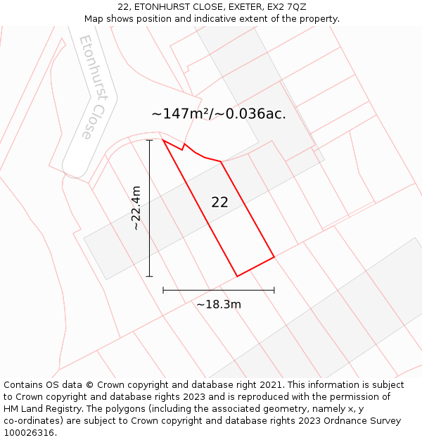 22, ETONHURST CLOSE, EXETER, EX2 7QZ: Plot and title map