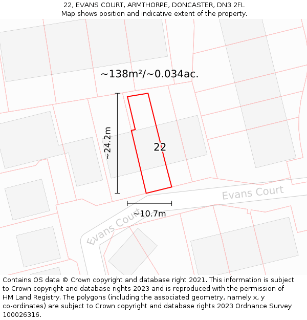 22, EVANS COURT, ARMTHORPE, DONCASTER, DN3 2FL: Plot and title map