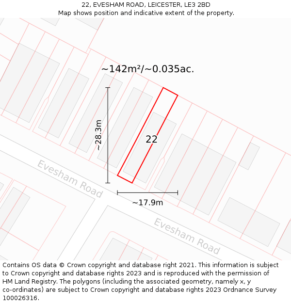 22, EVESHAM ROAD, LEICESTER, LE3 2BD: Plot and title map