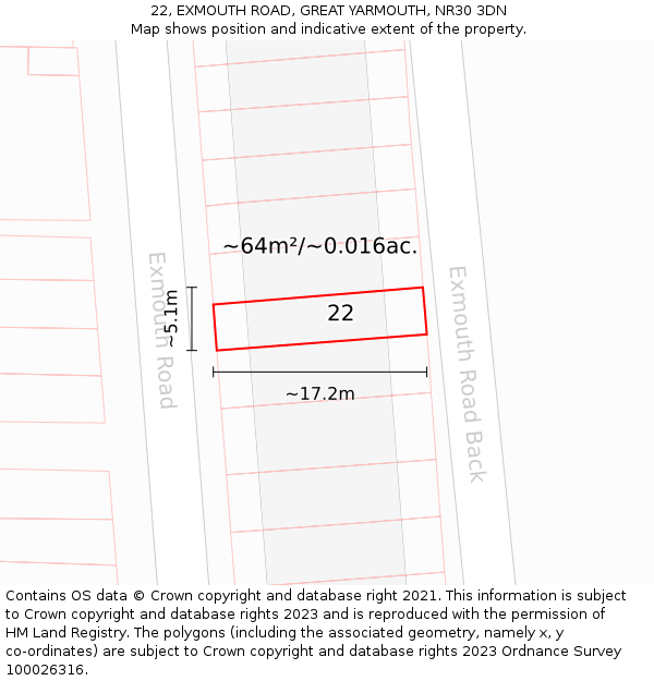 22, EXMOUTH ROAD, GREAT YARMOUTH, NR30 3DN: Plot and title map