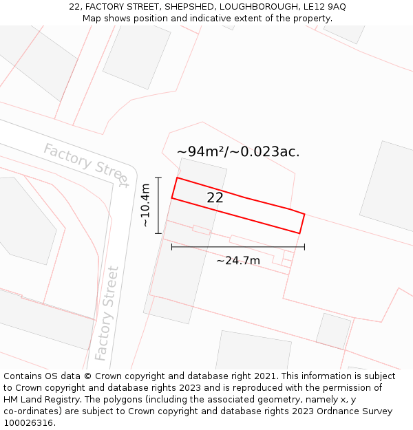 22, FACTORY STREET, SHEPSHED, LOUGHBOROUGH, LE12 9AQ: Plot and title map