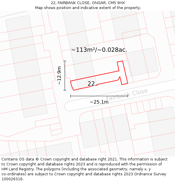 22, FAIRBANK CLOSE, ONGAR, CM5 9HX: Plot and title map