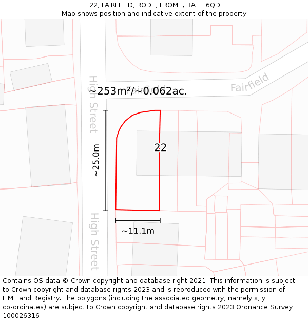 22, FAIRFIELD, RODE, FROME, BA11 6QD: Plot and title map