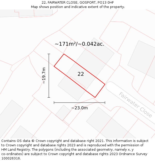 22, FAIRWATER CLOSE, GOSPORT, PO13 0HF: Plot and title map