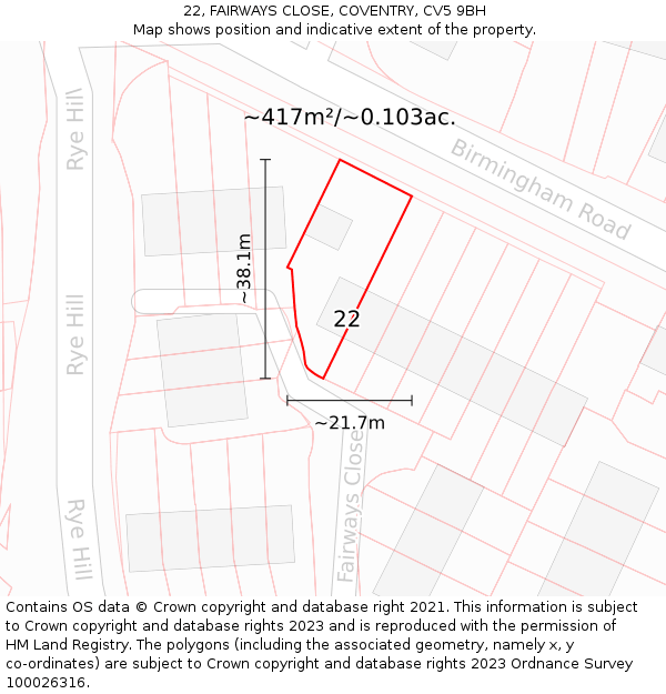 22, FAIRWAYS CLOSE, COVENTRY, CV5 9BH: Plot and title map