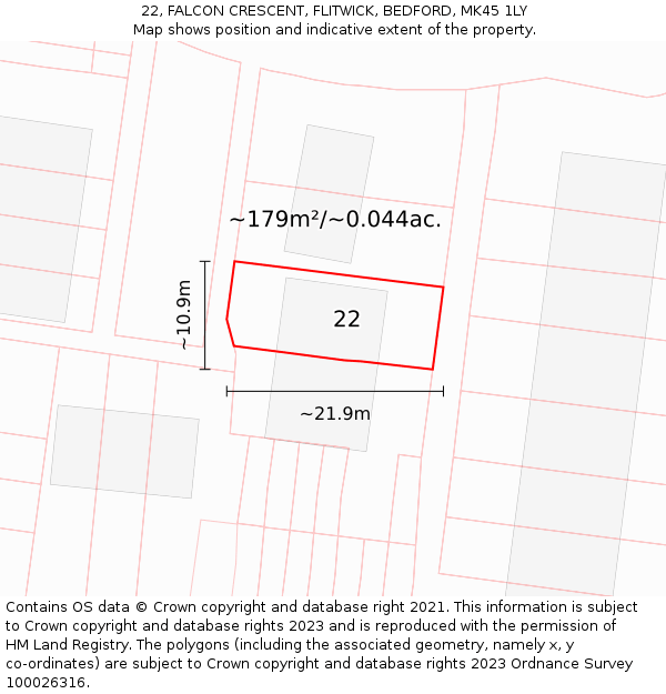 22, FALCON CRESCENT, FLITWICK, BEDFORD, MK45 1LY: Plot and title map