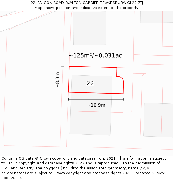 22, FALCON ROAD, WALTON CARDIFF, TEWKESBURY, GL20 7TJ: Plot and title map