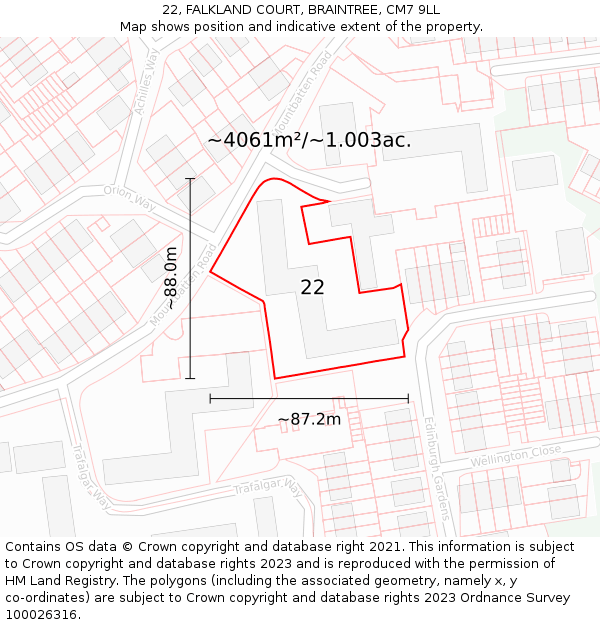 22, FALKLAND COURT, BRAINTREE, CM7 9LL: Plot and title map