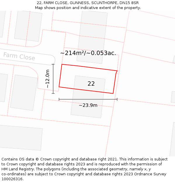 22, FARM CLOSE, GUNNESS, SCUNTHORPE, DN15 8SR: Plot and title map