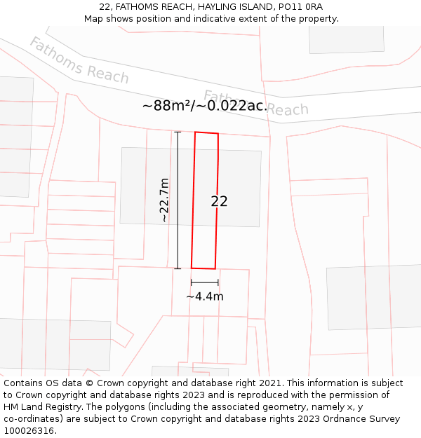 22, FATHOMS REACH, HAYLING ISLAND, PO11 0RA: Plot and title map