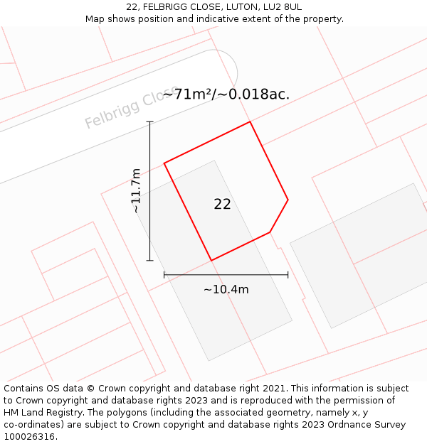 22, FELBRIGG CLOSE, LUTON, LU2 8UL: Plot and title map